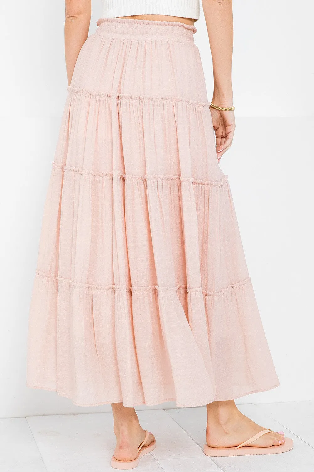 Drawstring Tiered Maxi Skirt in Blush