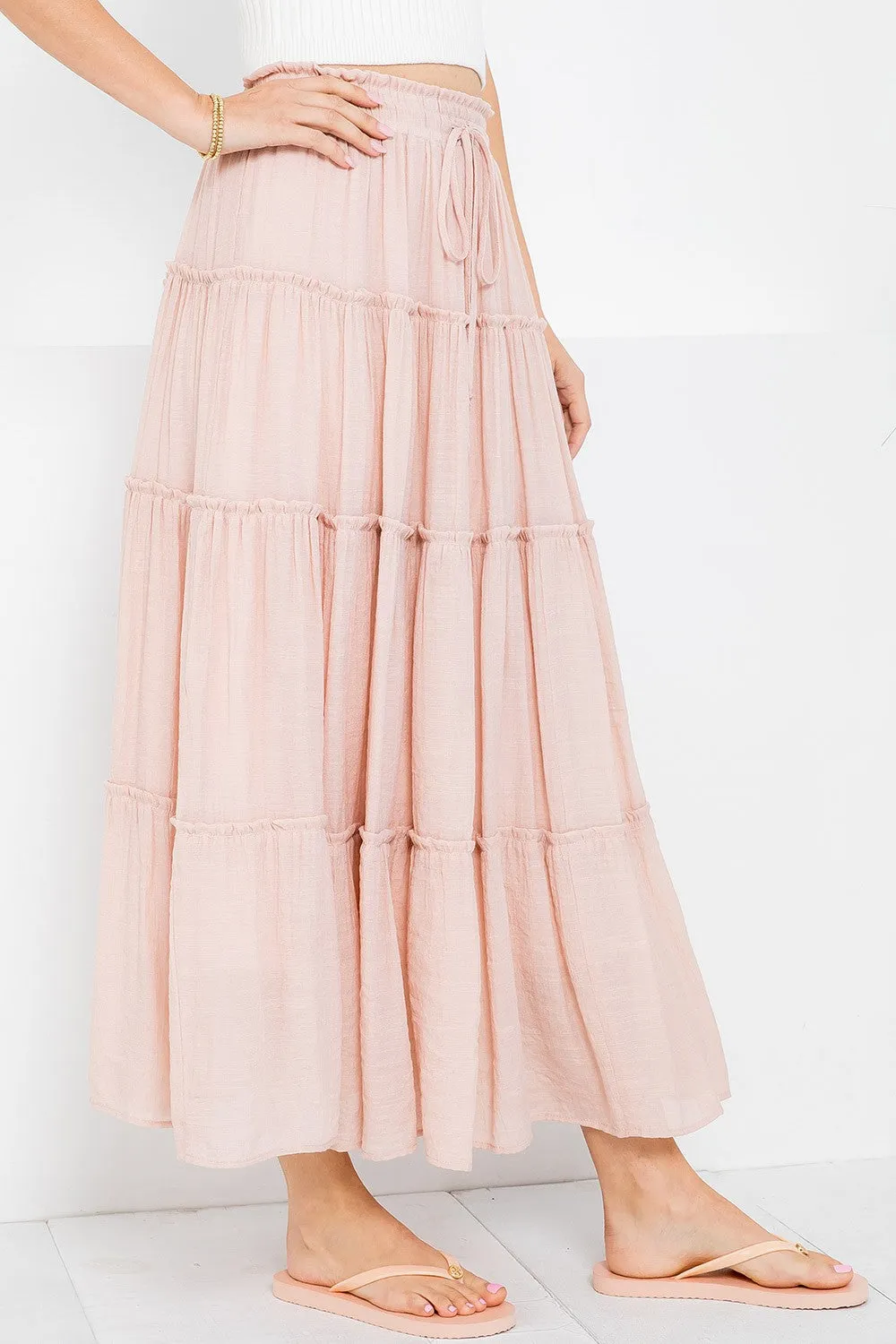 Drawstring Tiered Maxi Skirt in Blush