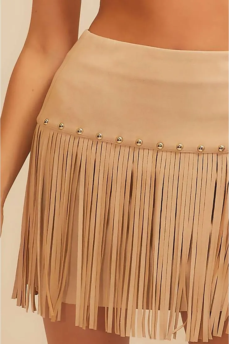 Dyani Suede Fringe Mini Skirt - Tan