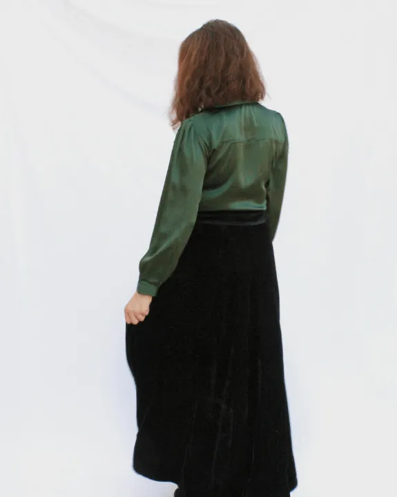 Emerald Frilled Blouse With Velvet Skirt