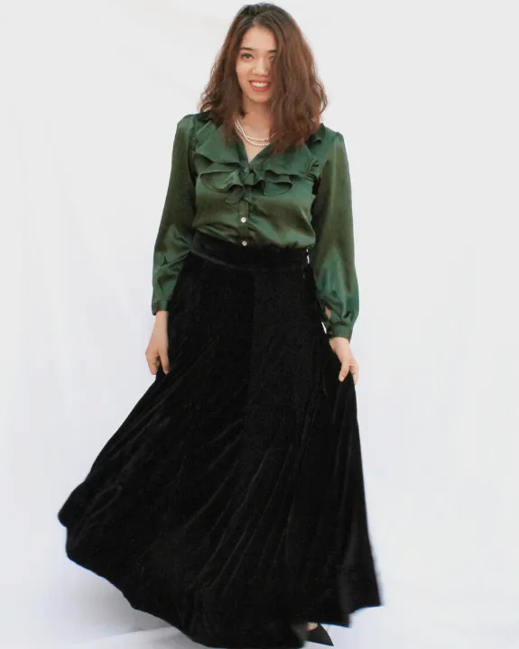 Emerald Frilled Blouse With Velvet Skirt