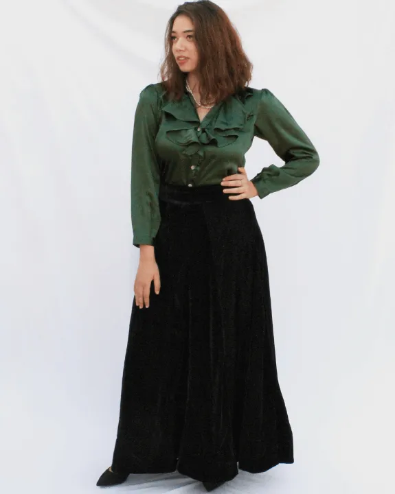 Emerald Frilled Blouse With Velvet Skirt