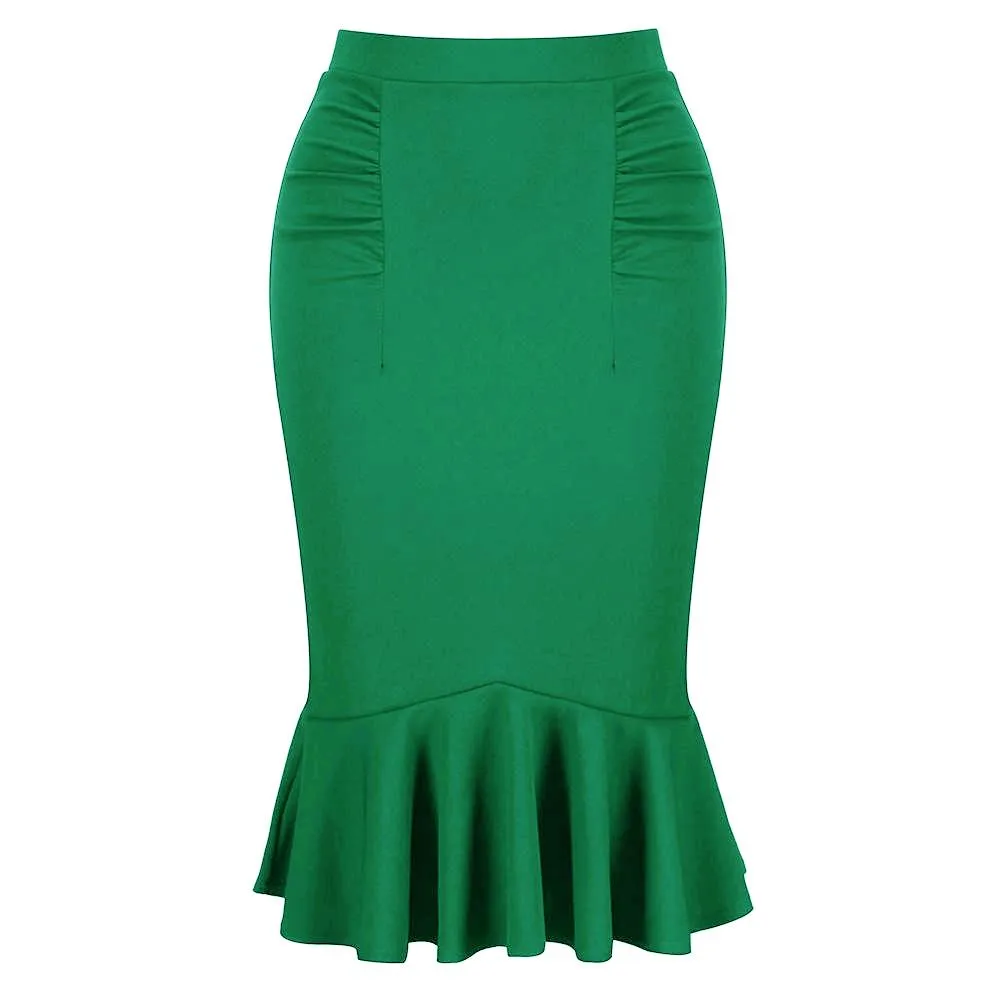 Emerald Green Peplum Fishtail Stretch Pencil Bodycon Skirt