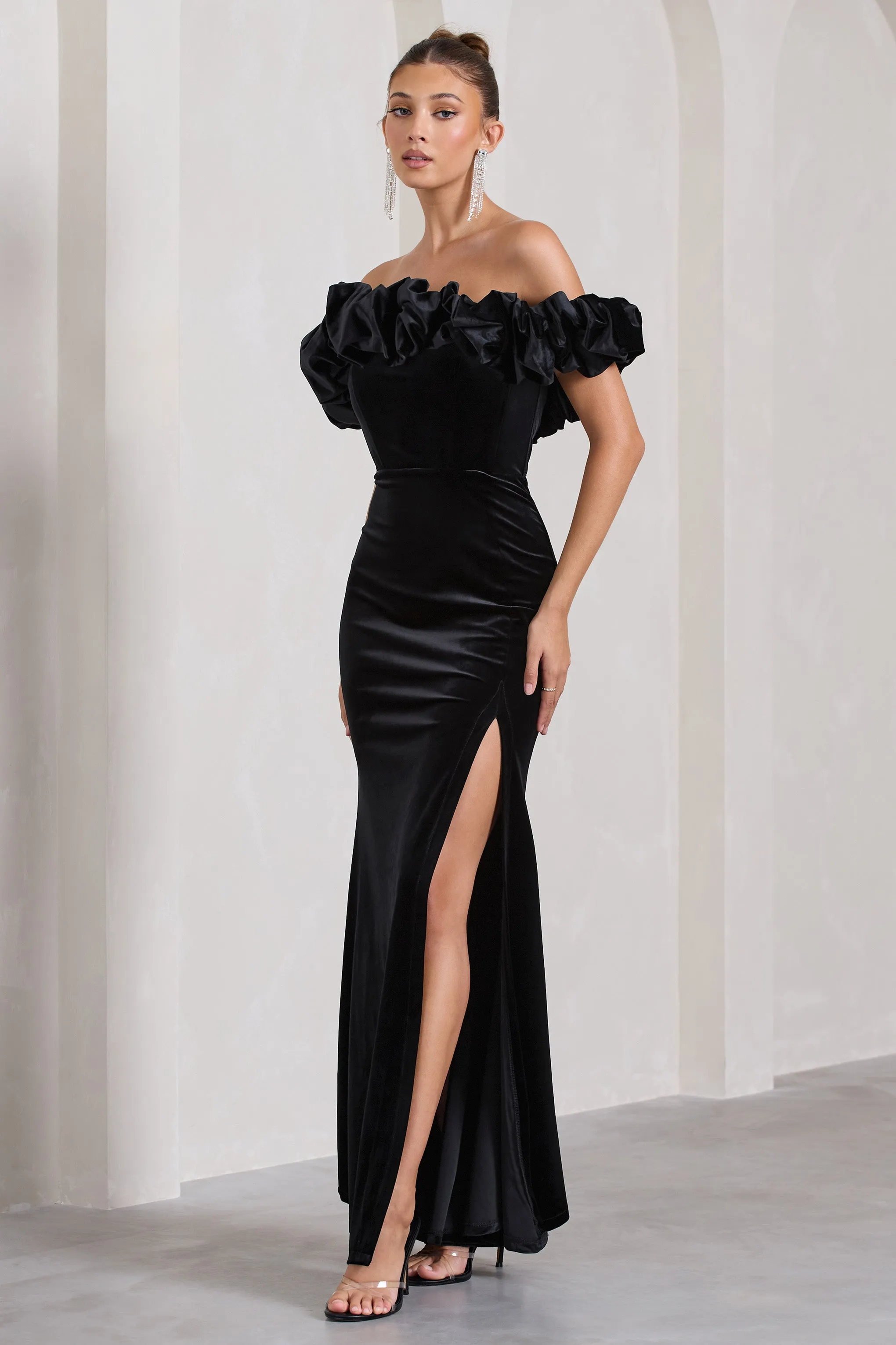 Esmeralda | Black Velvet Structured Ruffled Bardot Maxi Dress