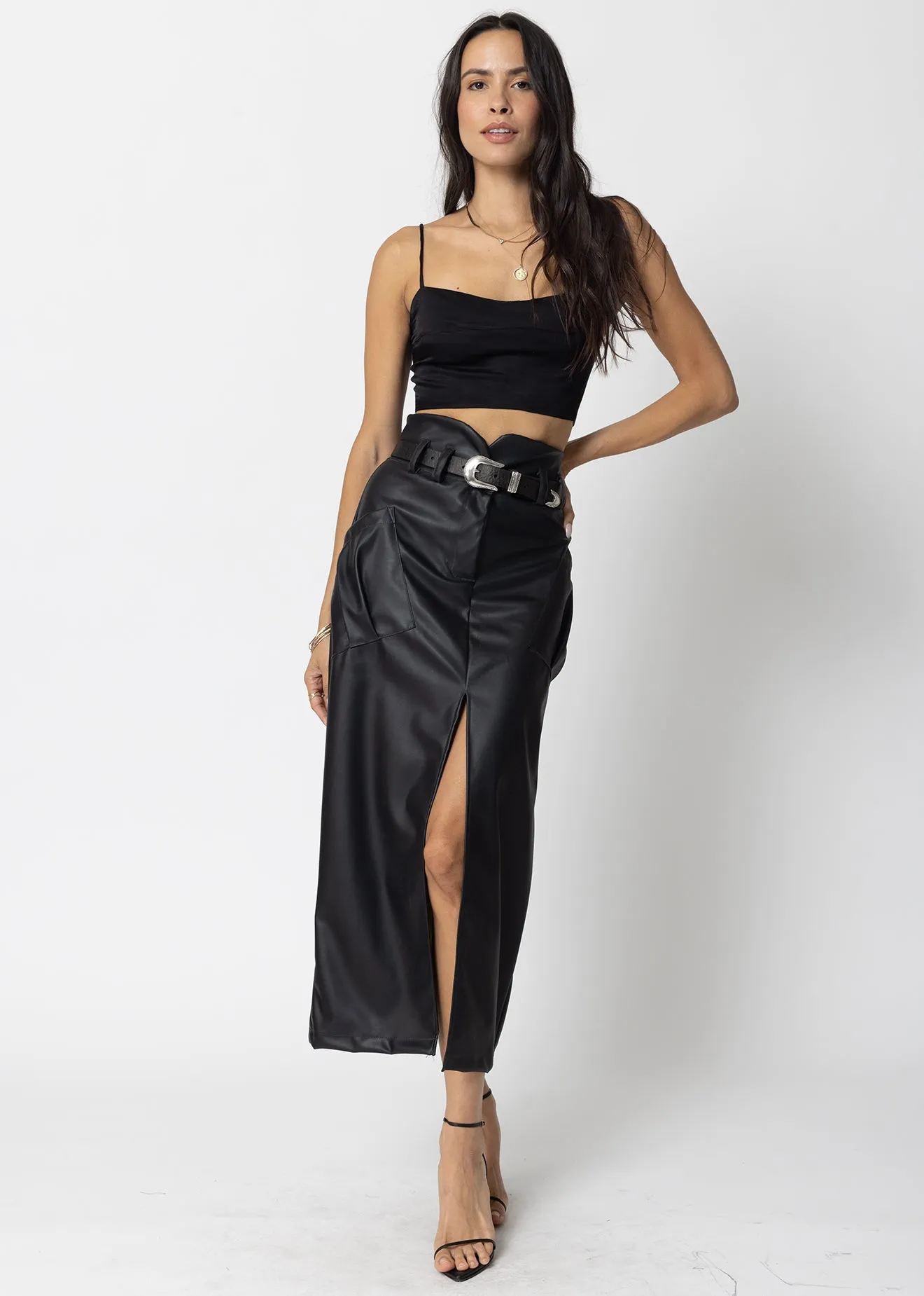 FAUX LEATHER CARGO KNOTCH WAIST MAXI SKIRT