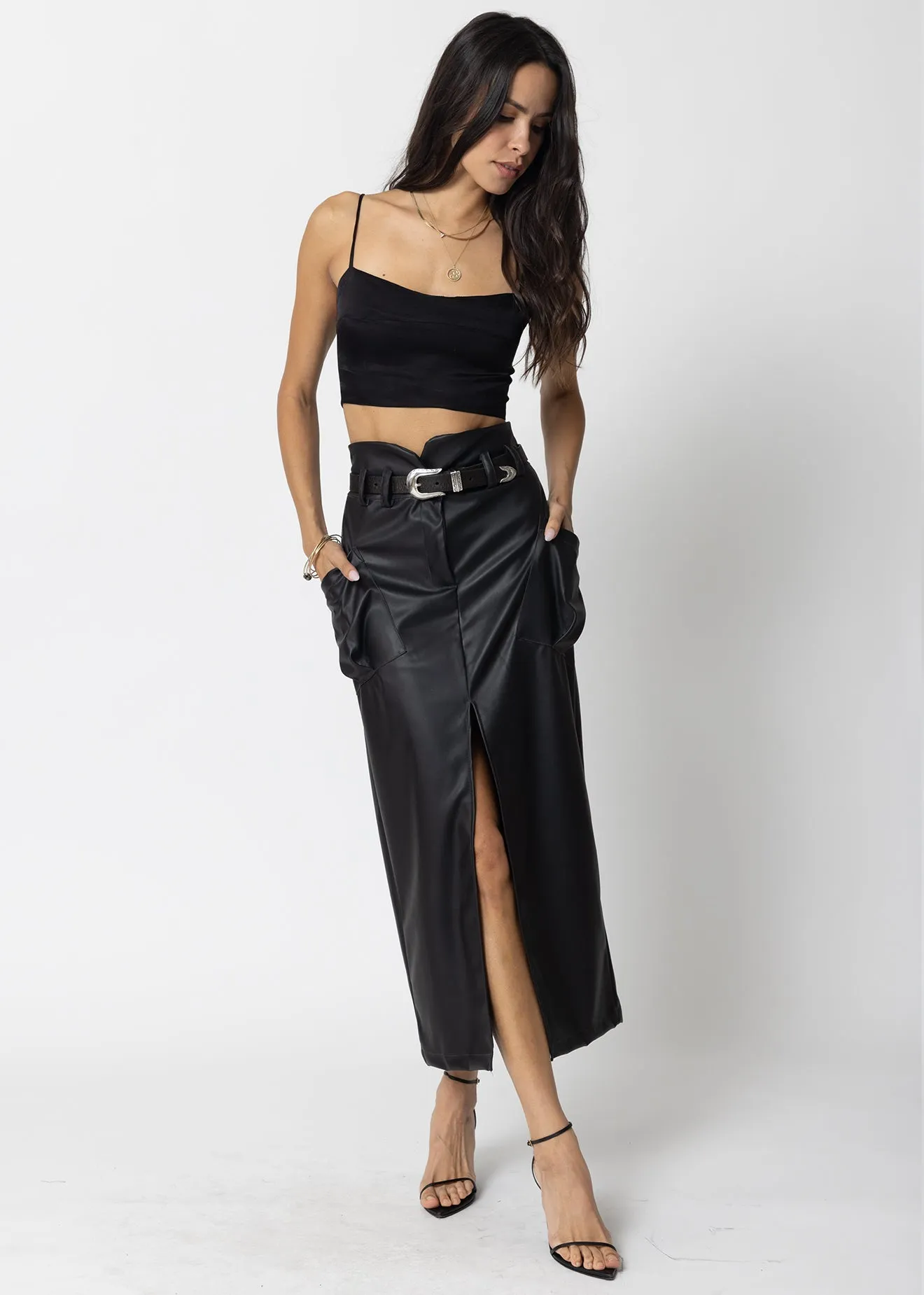 FAUX LEATHER CARGO KNOTCH WAIST MAXI SKIRT