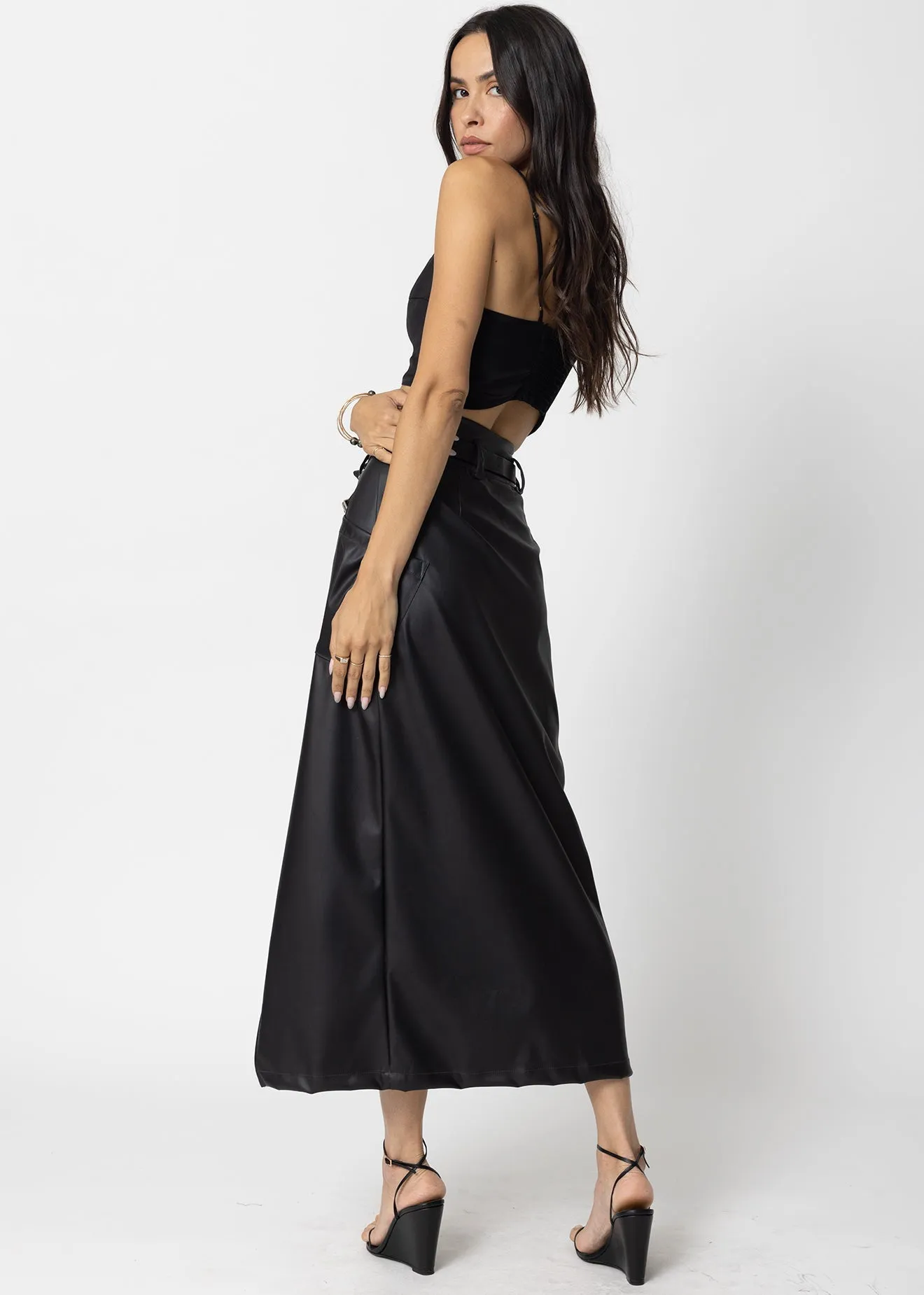 FAUX LEATHER CARGO KNOTCH WAIST MAXI SKIRT