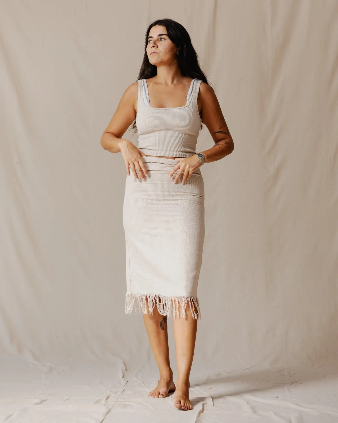 Fringed Boho Skirt Beige