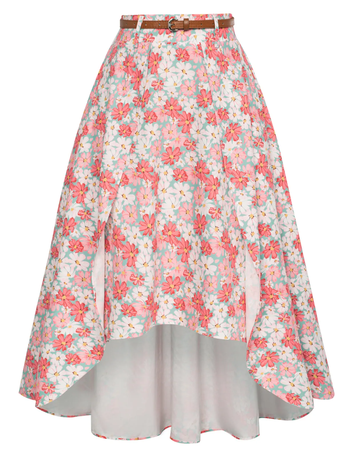 Fruit Patterns High Low A Line Skirts Vintage High Waisted Midi Flowy Skirts with Belt