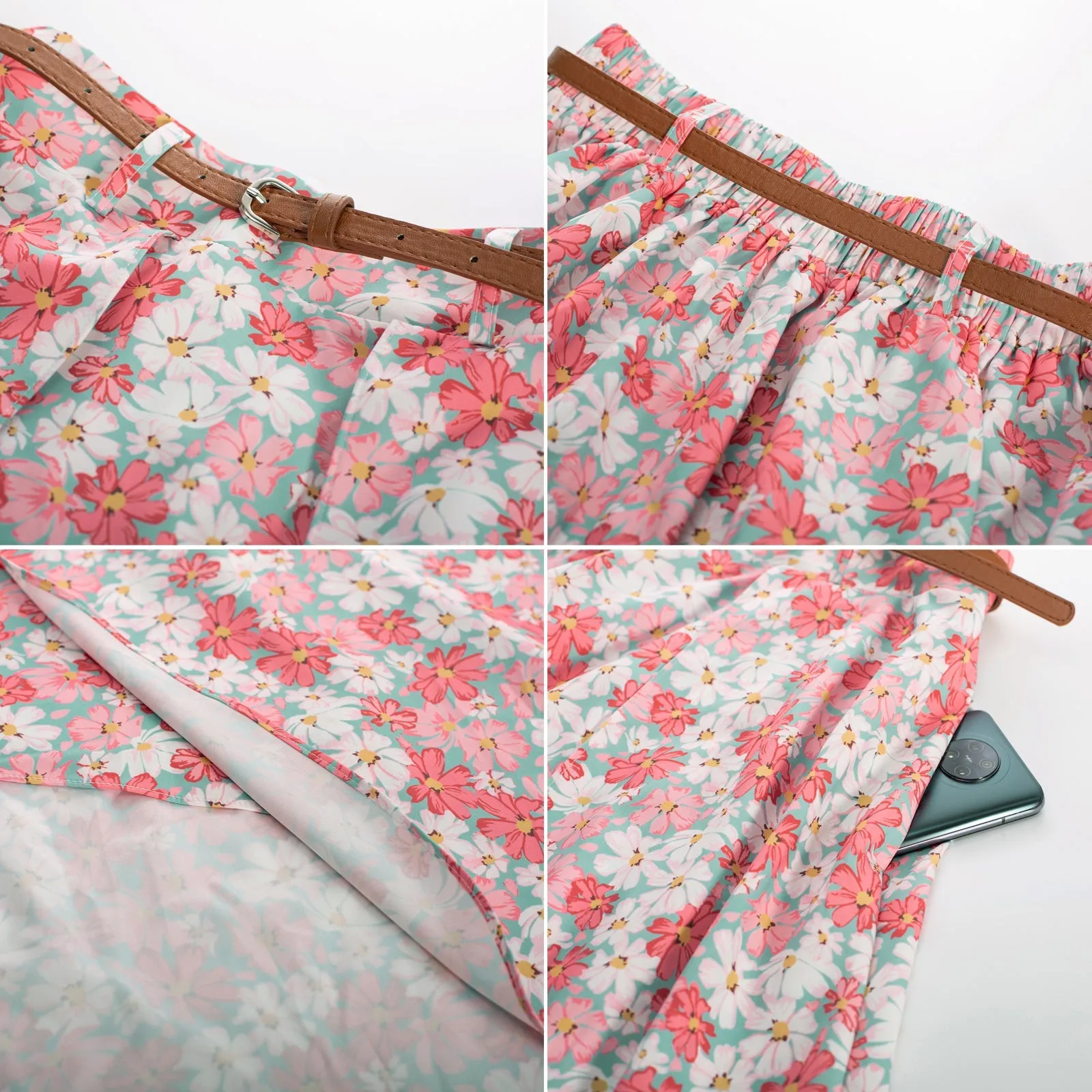 Fruit Patterns High Low A Line Skirts Vintage High Waisted Midi Flowy Skirts with Belt