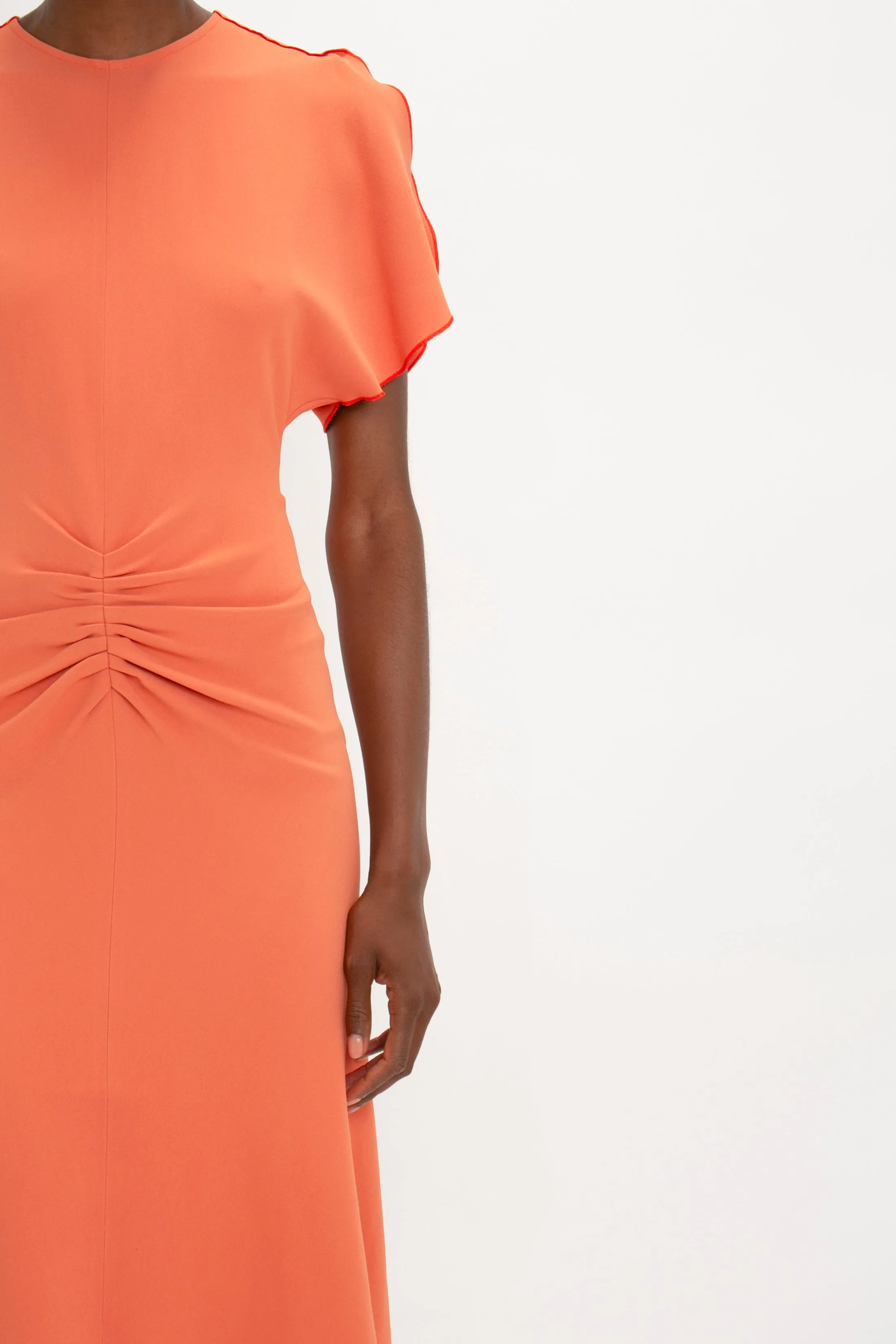 Gathered Waist Midi Dress In Papaya