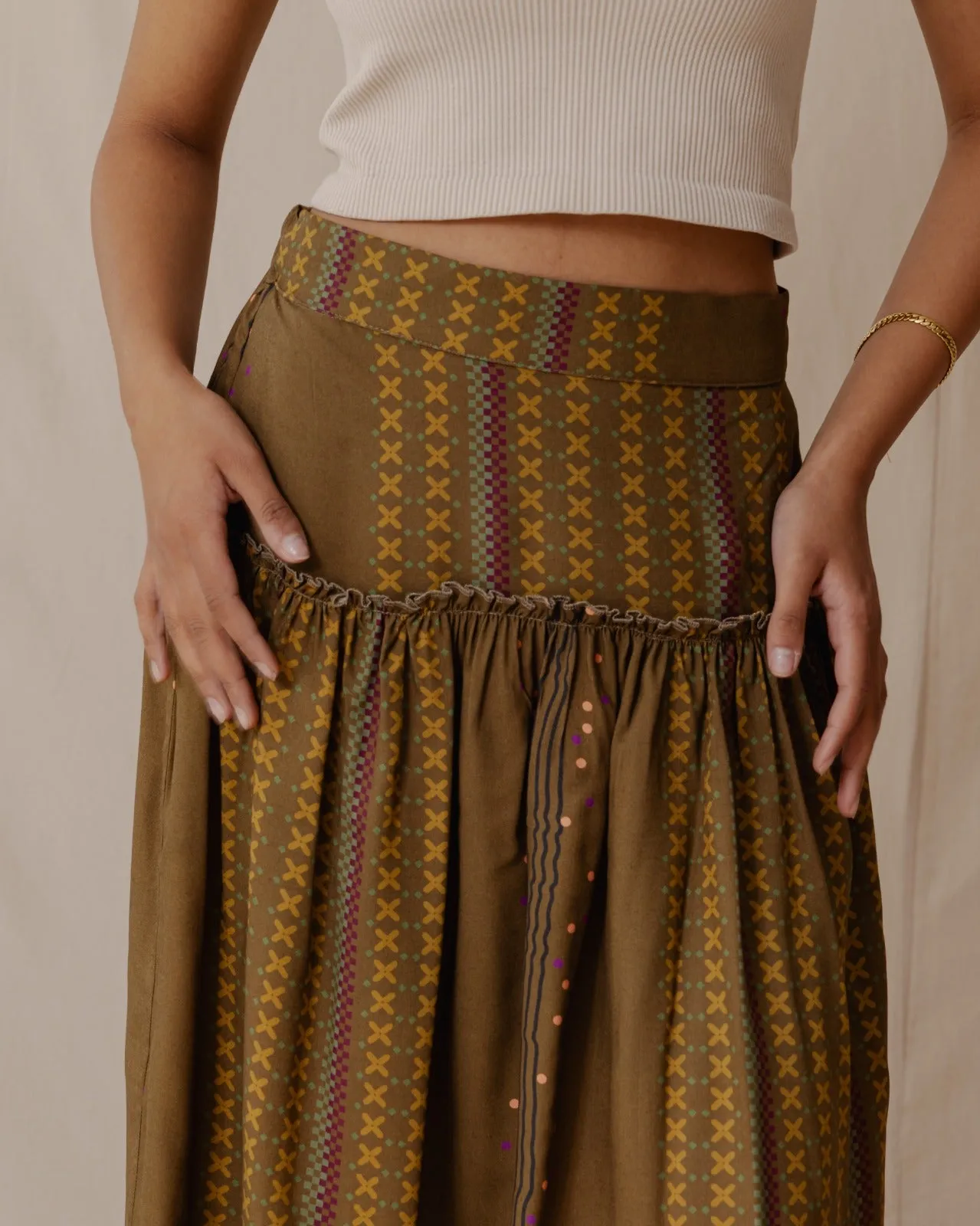 Geometric Lines Midi Skirt Olive