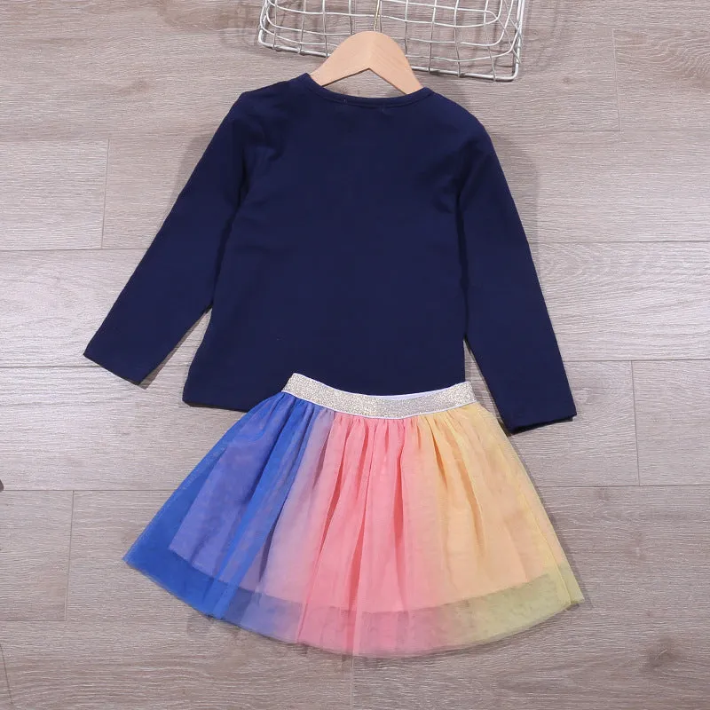 Girls 2 Piece Colorful Butterfly Top and Rainbow Skirt Set