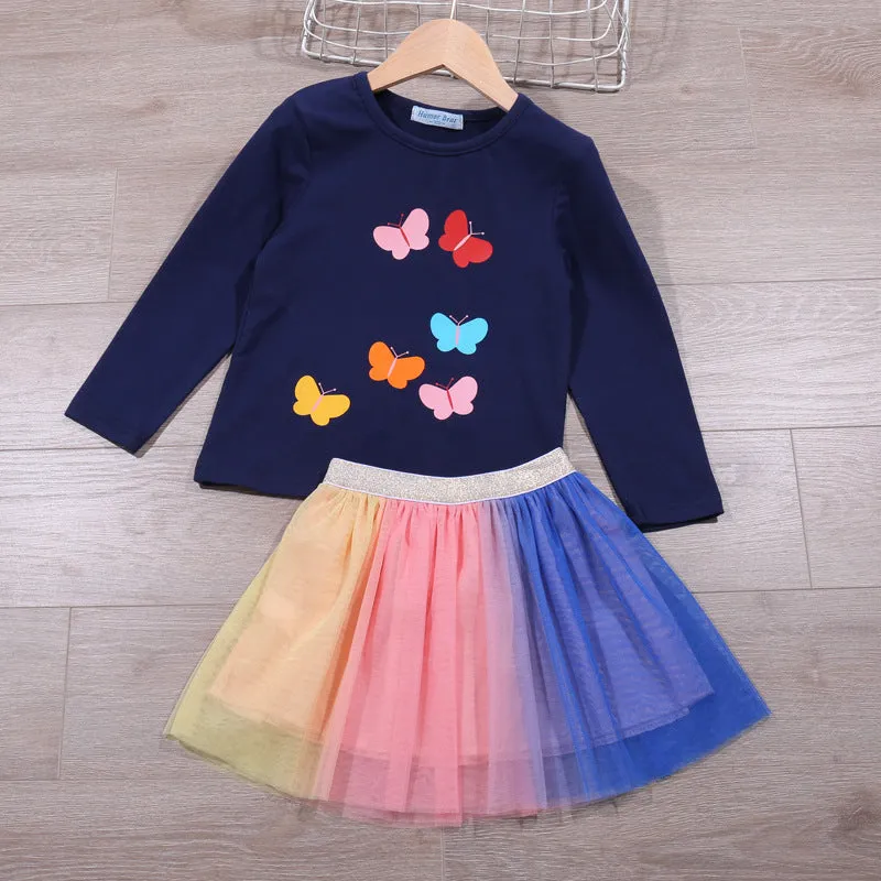 Girls 2 Piece Colorful Butterfly Top and Rainbow Skirt Set