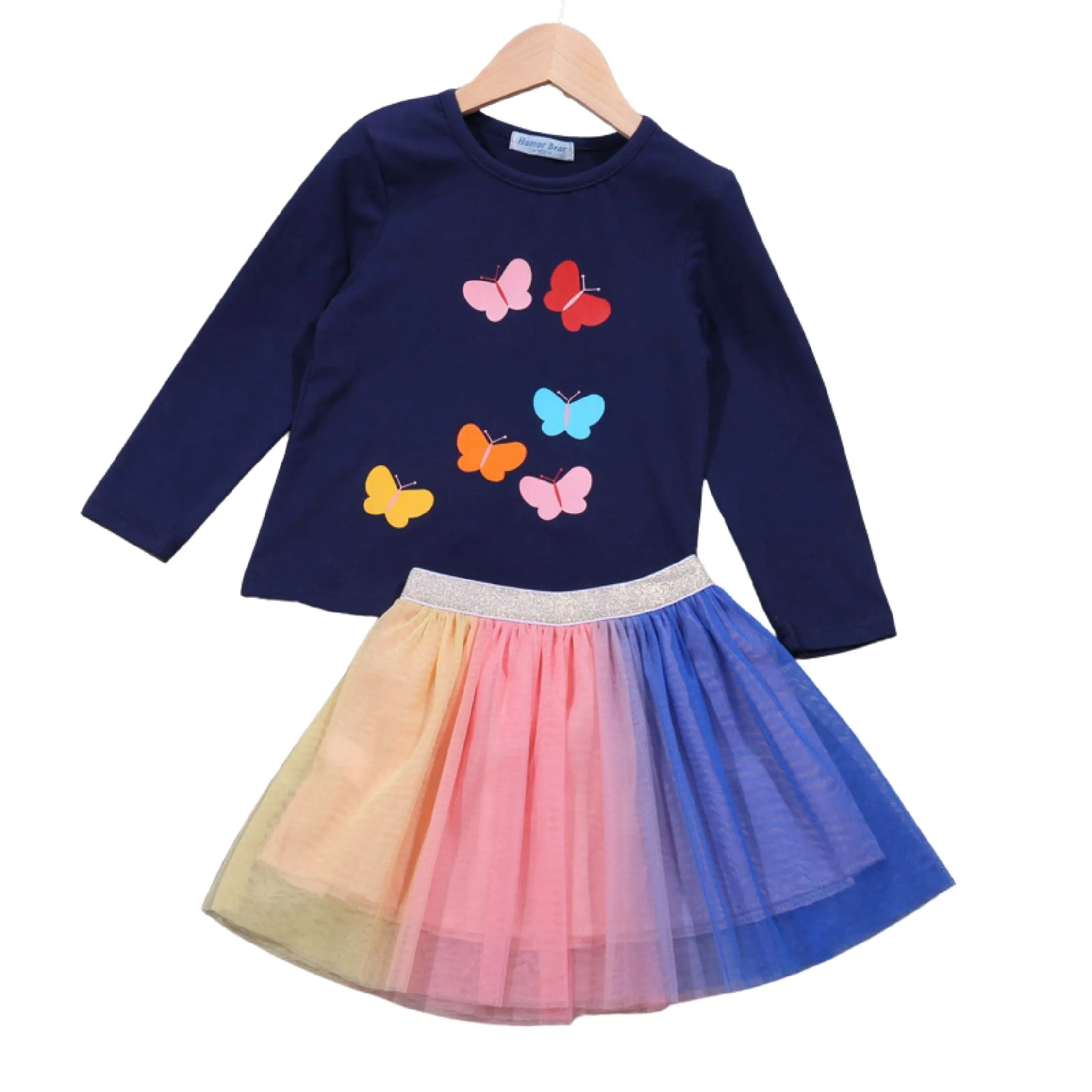 Girls 2 Piece Colorful Butterfly Top and Rainbow Skirt Set