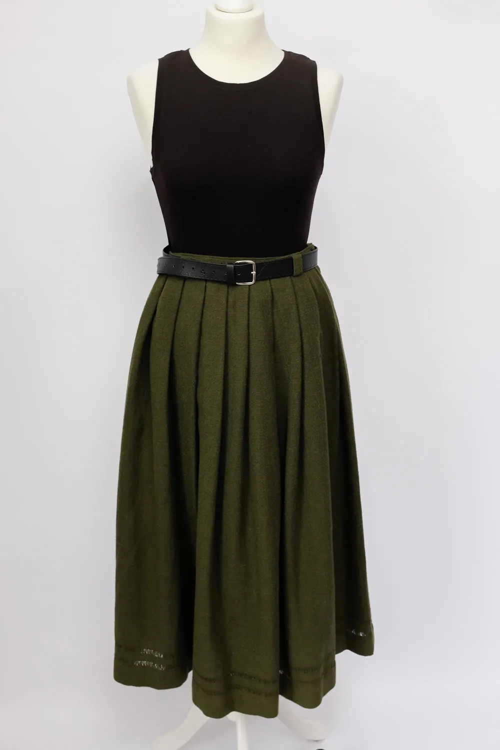 GREEN PLEATED MIDI COTTON WOOL SKIRT