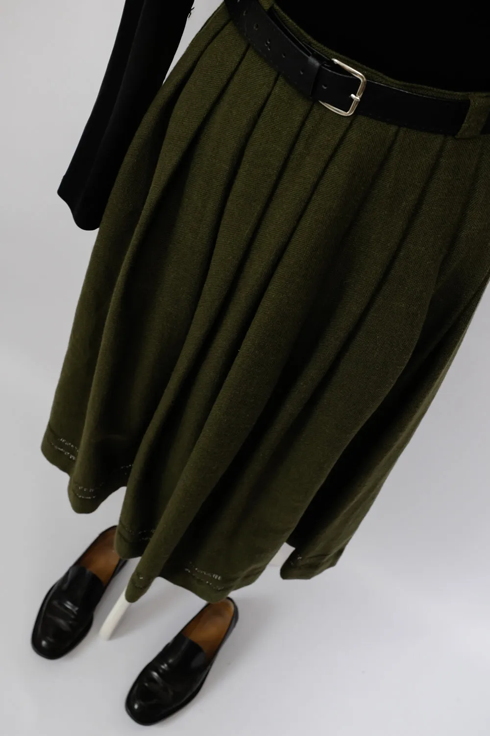 GREEN PLEATED MIDI COTTON WOOL SKIRT