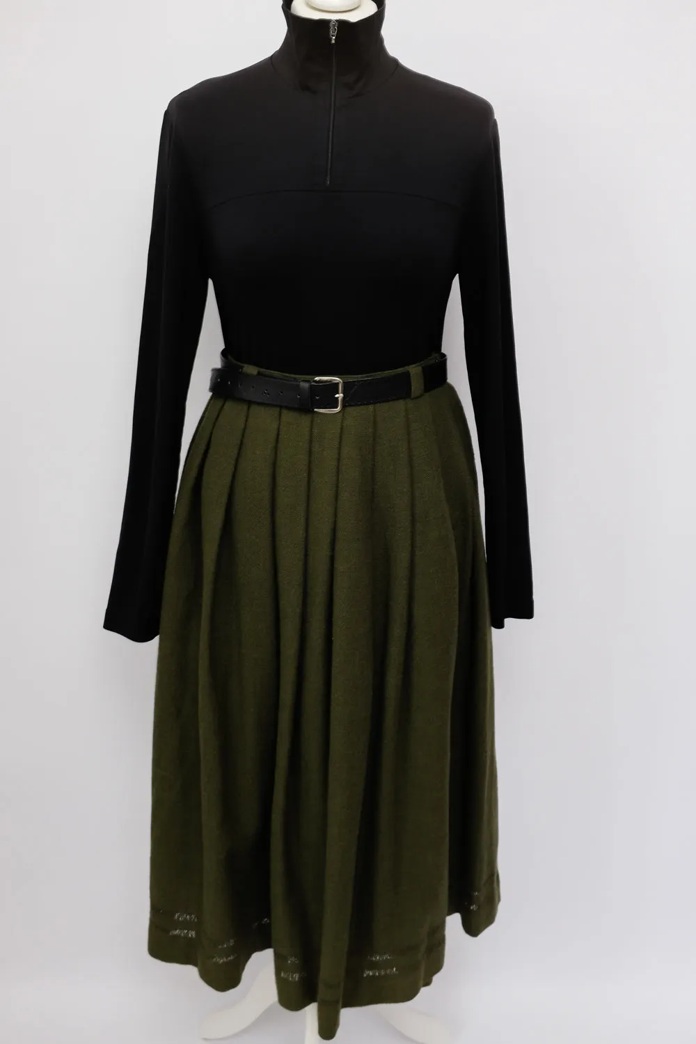 GREEN PLEATED MIDI COTTON WOOL SKIRT