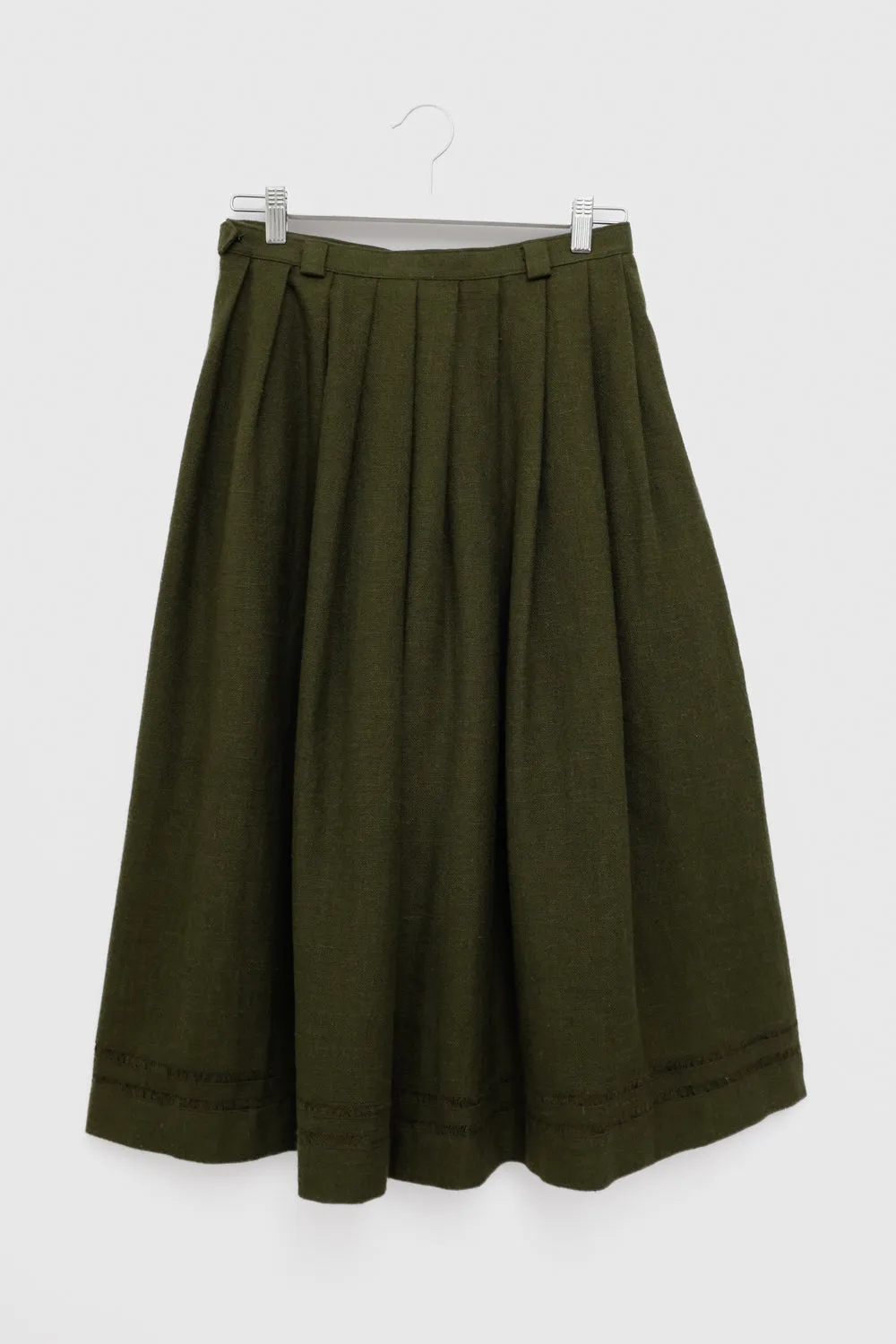 GREEN PLEATED MIDI COTTON WOOL SKIRT