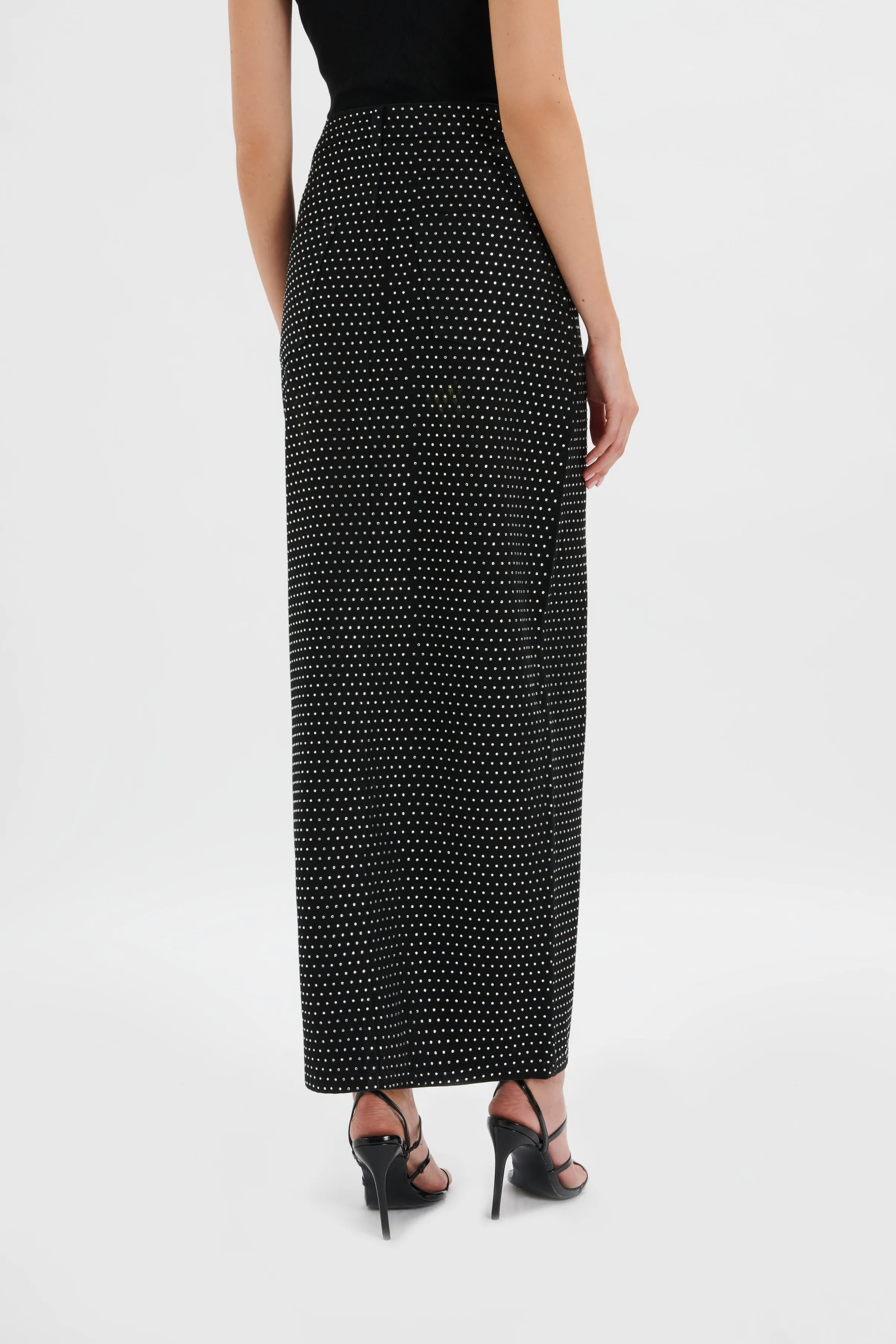 HARPER Crystal Embellished Denim Maxi Skirt in Black