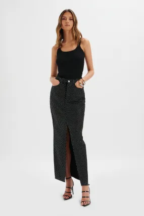 HARPER Crystal Embellished Denim Maxi Skirt in Black