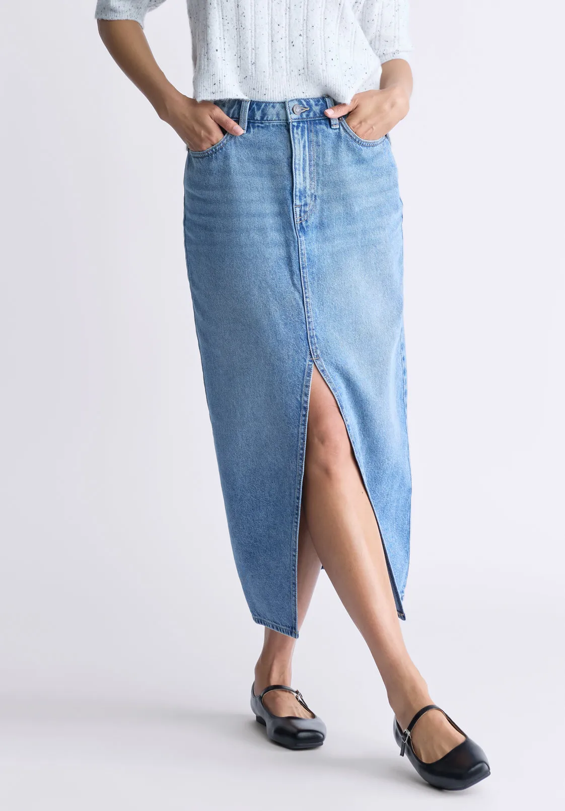 High Rise Samantha Women's Denim Skirt, Sanded Medium Indigo - BL16008