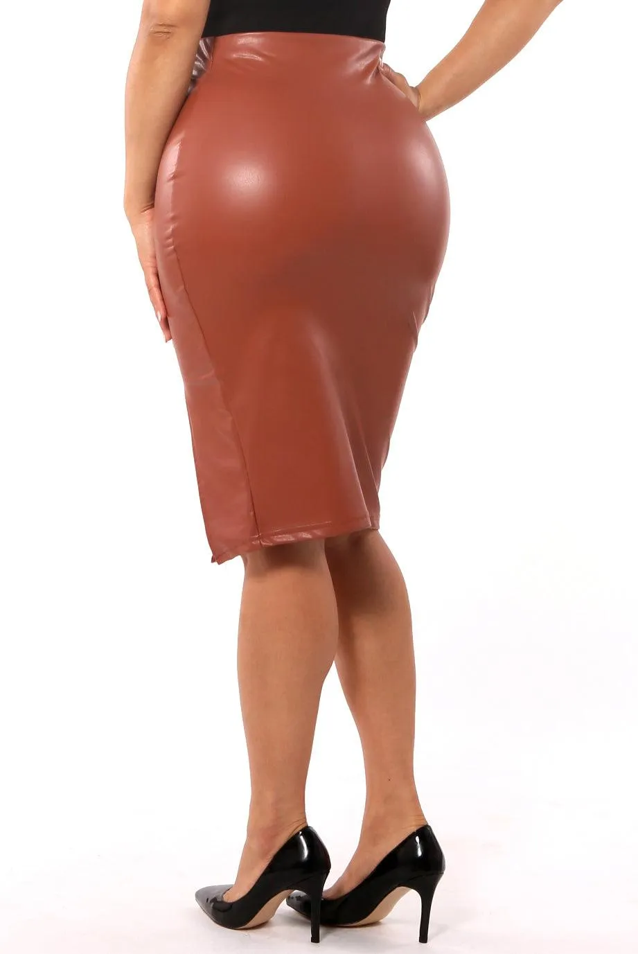 High Waist PU Faux Leather Pencil Skirt - Camel