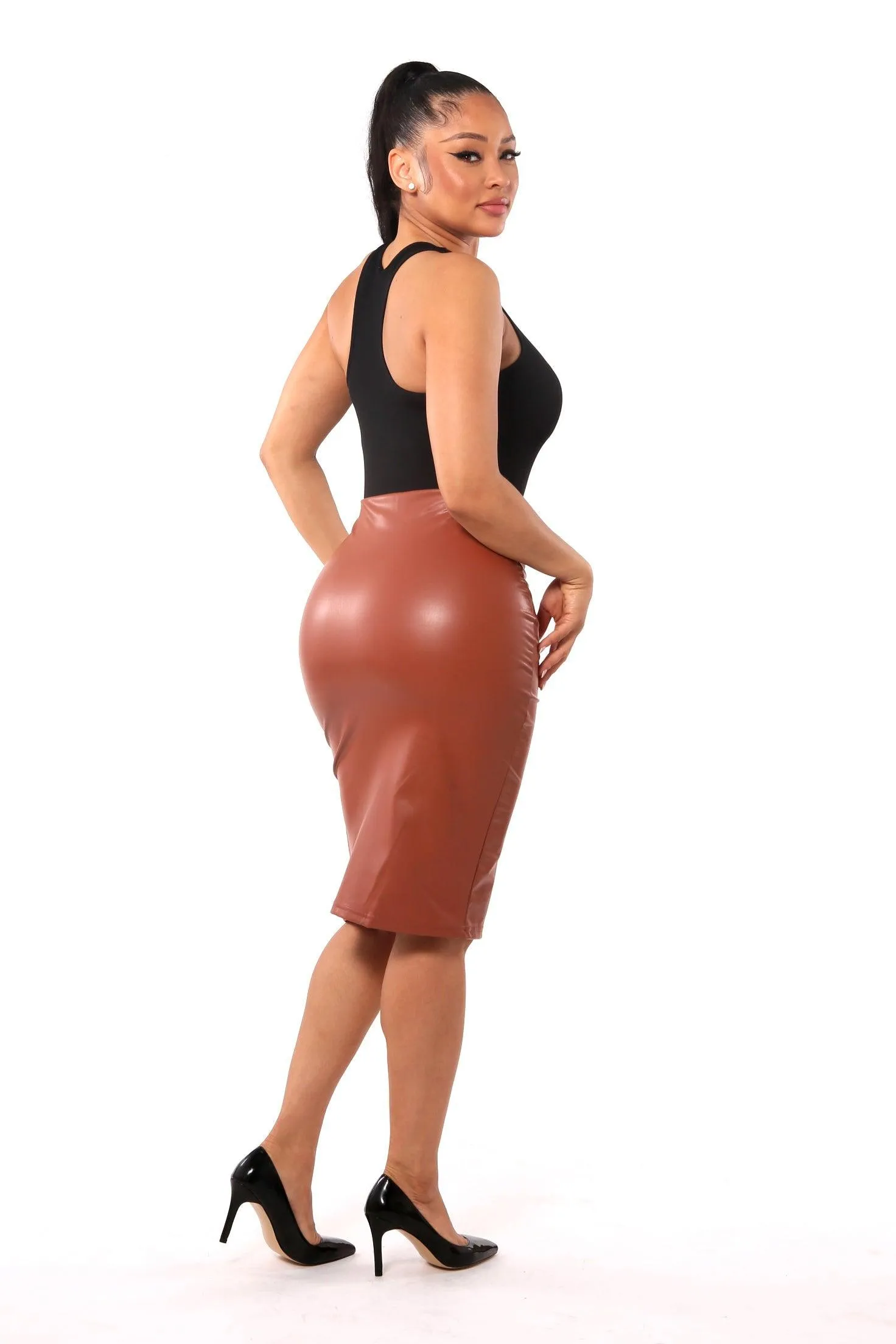 High Waist PU Faux Leather Pencil Skirt - Camel