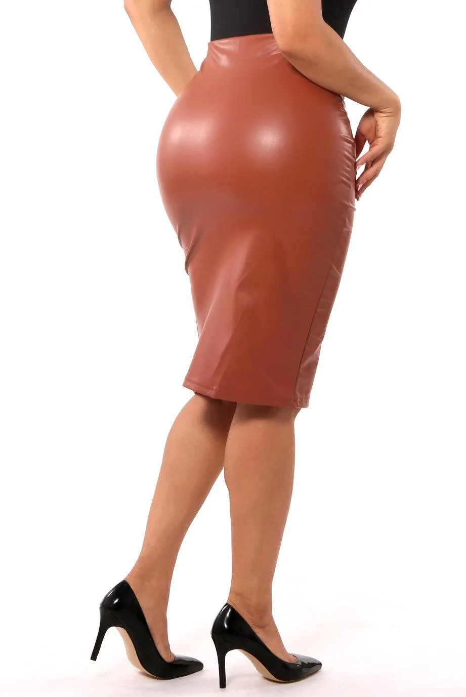 High Waist PU Faux Leather Pencil Skirt - Camel