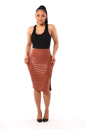 High Waist PU Faux Leather Pencil Skirt - Camel