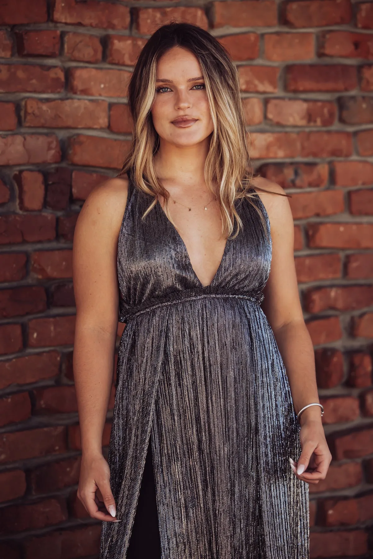 Holiday Plunge Metallic Maxi Dress