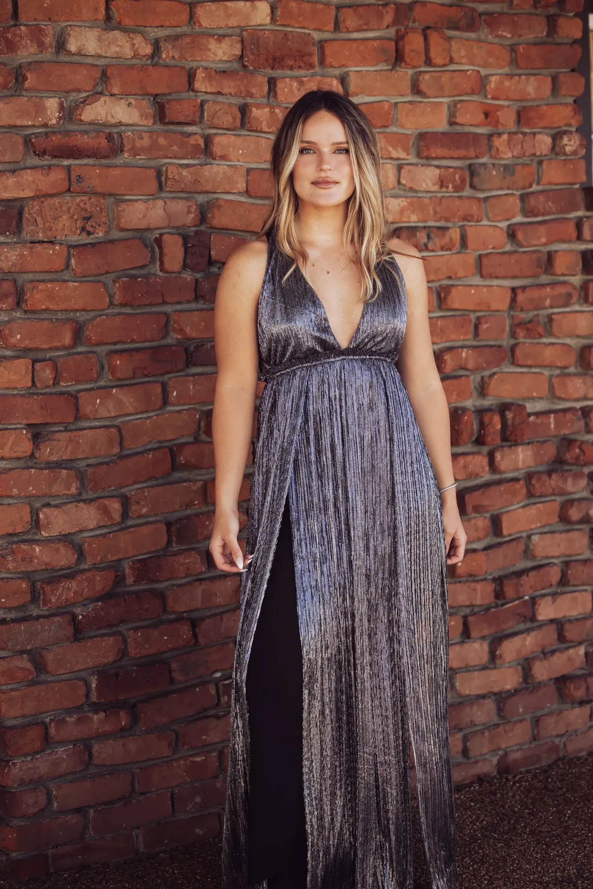 Holiday Plunge Metallic Maxi Dress