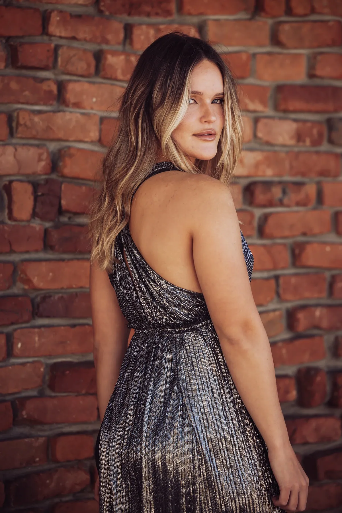 Holiday Plunge Metallic Maxi Dress