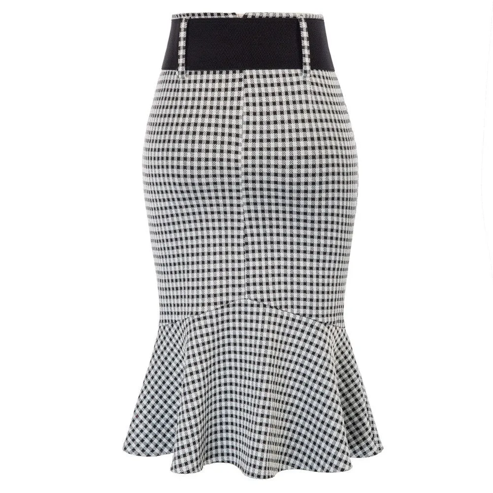 Houndstooth Mermaid Hem Shirred Detail Pencil Skirt with Belt