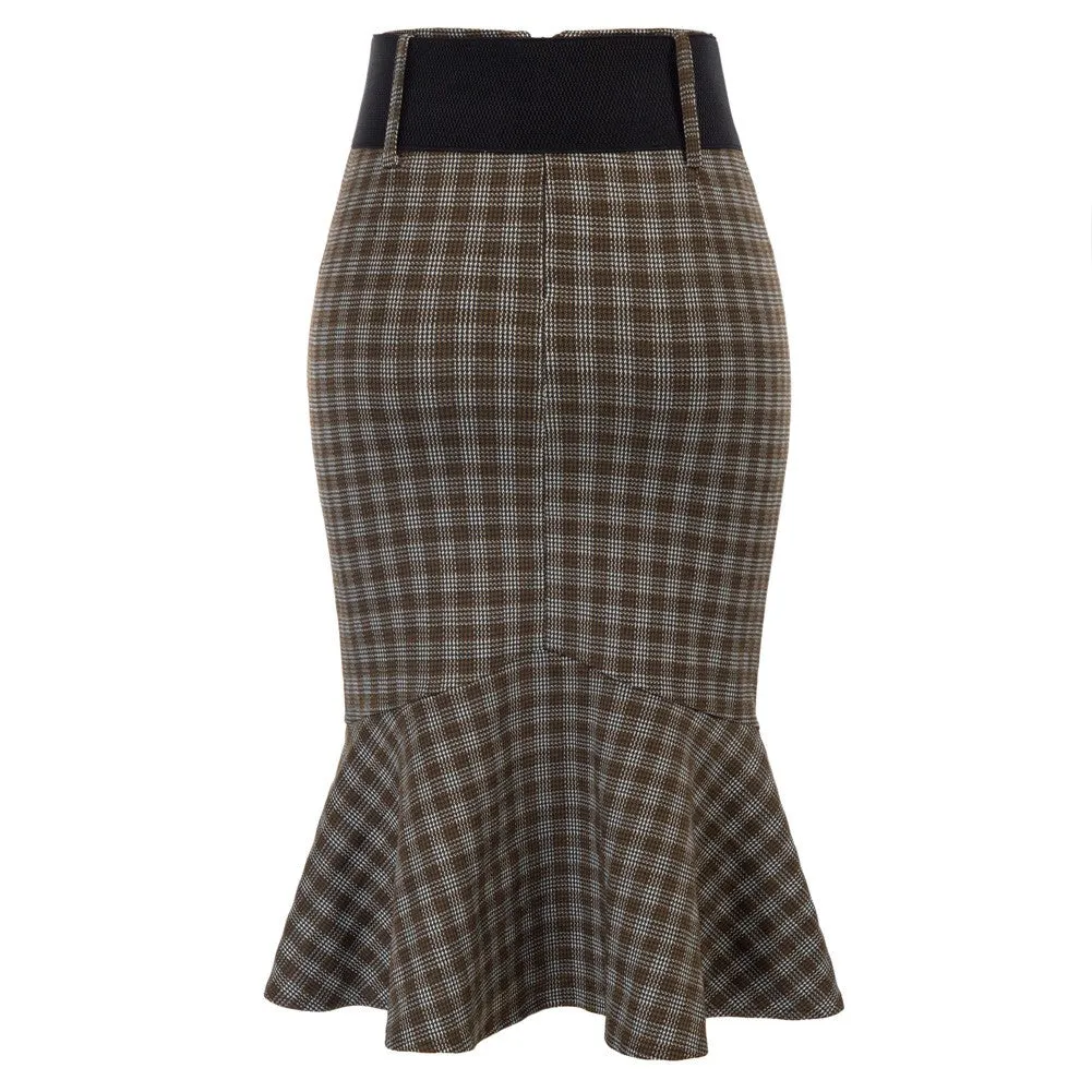 Houndstooth Mermaid Hem Shirred Detail Pencil Skirt with Belt