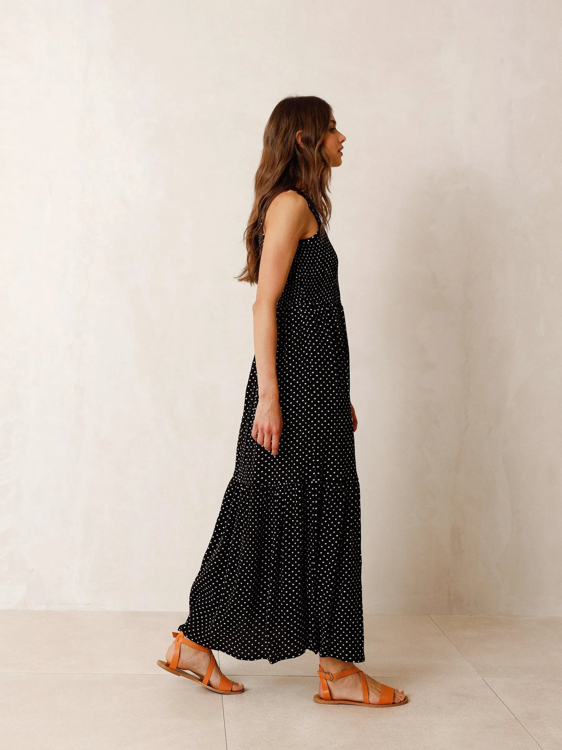 Indi & Cold Polka Dot Smock Maxi Dress | Black