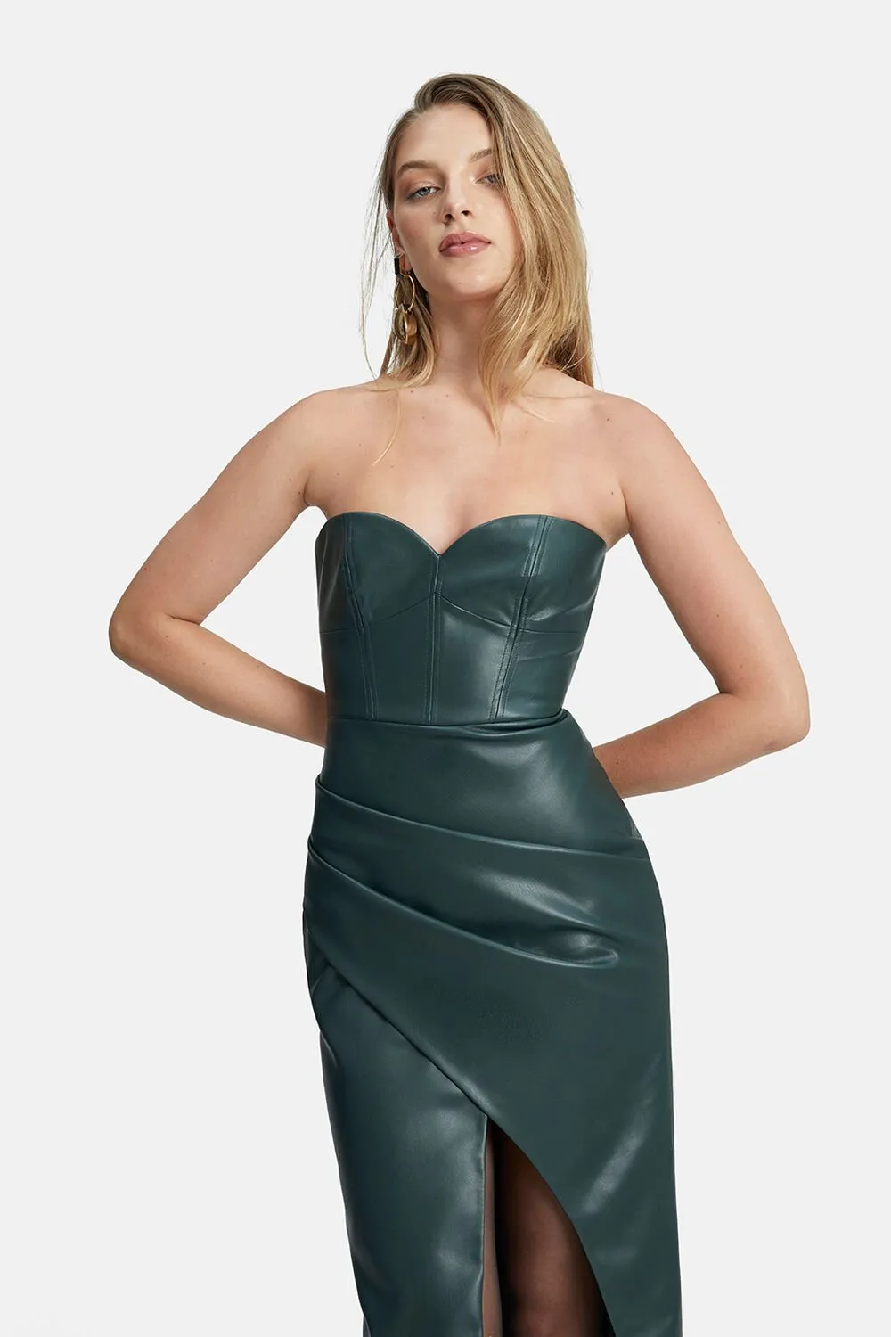 Kai Vegan Leather Midi Dress - Evergreen