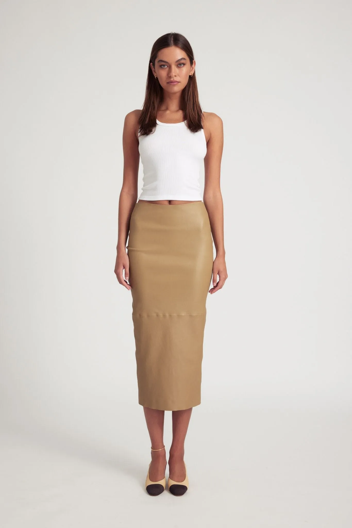 Khaki Leather Tube Skirt