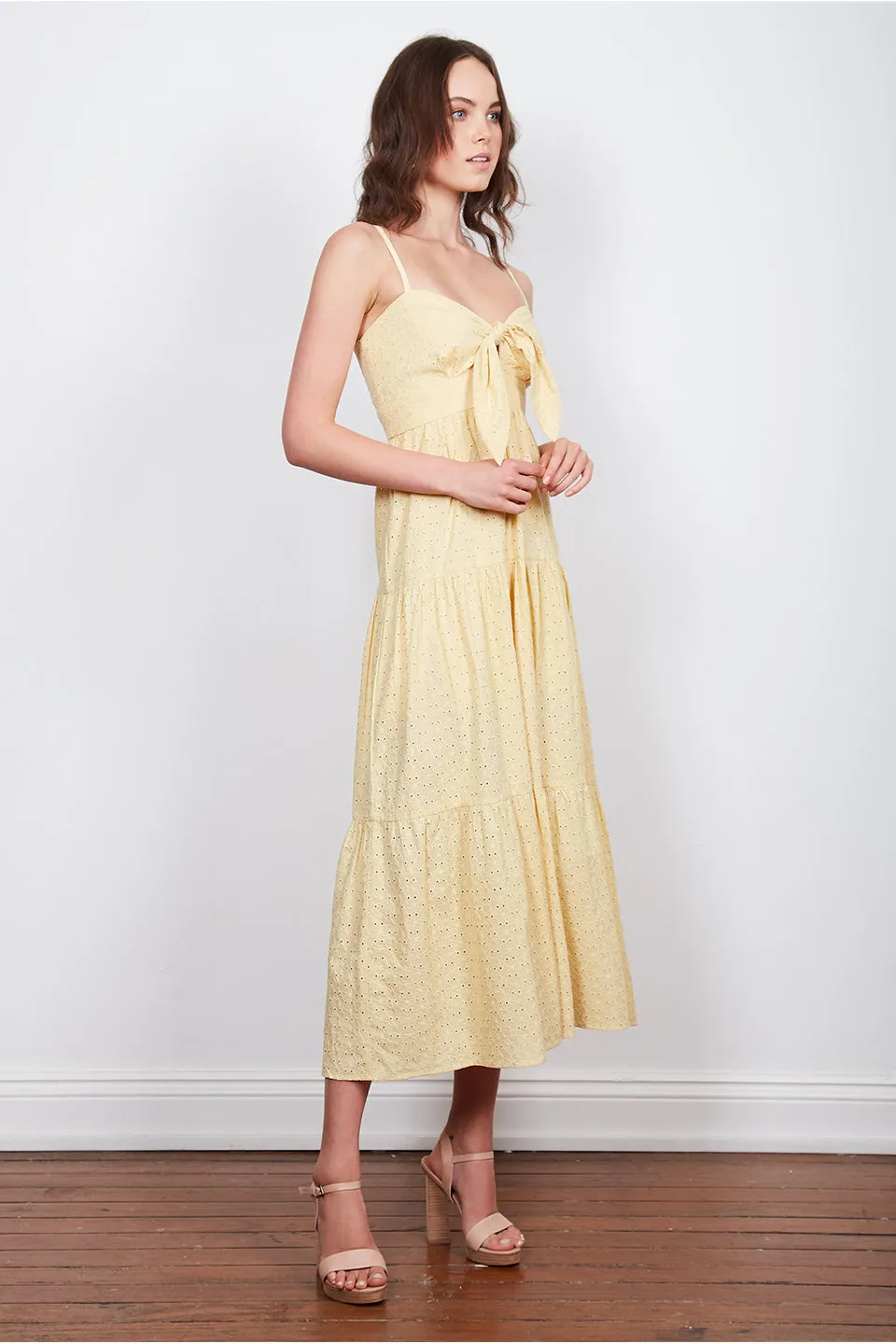 Lemondrop Knot Tierred Lemon Midi Dress