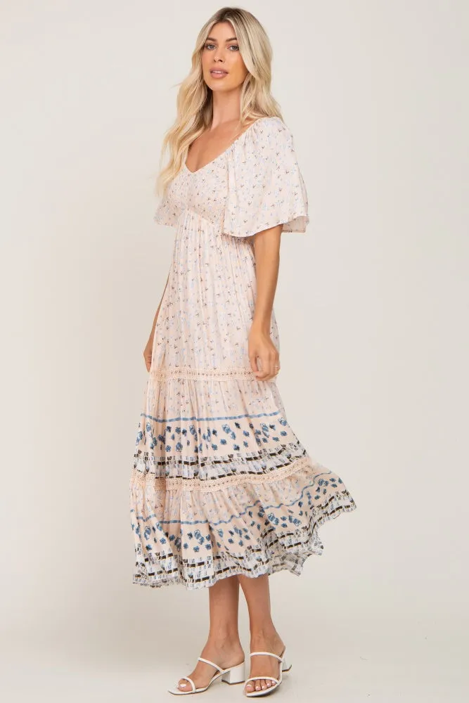 Light Pink Printed Smocked Midi Dress