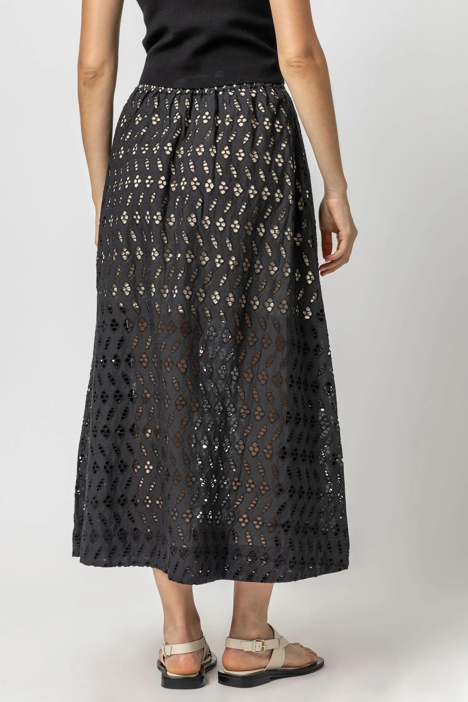 Lilla P Eyelet Side-Button Maxi Skirt in Black