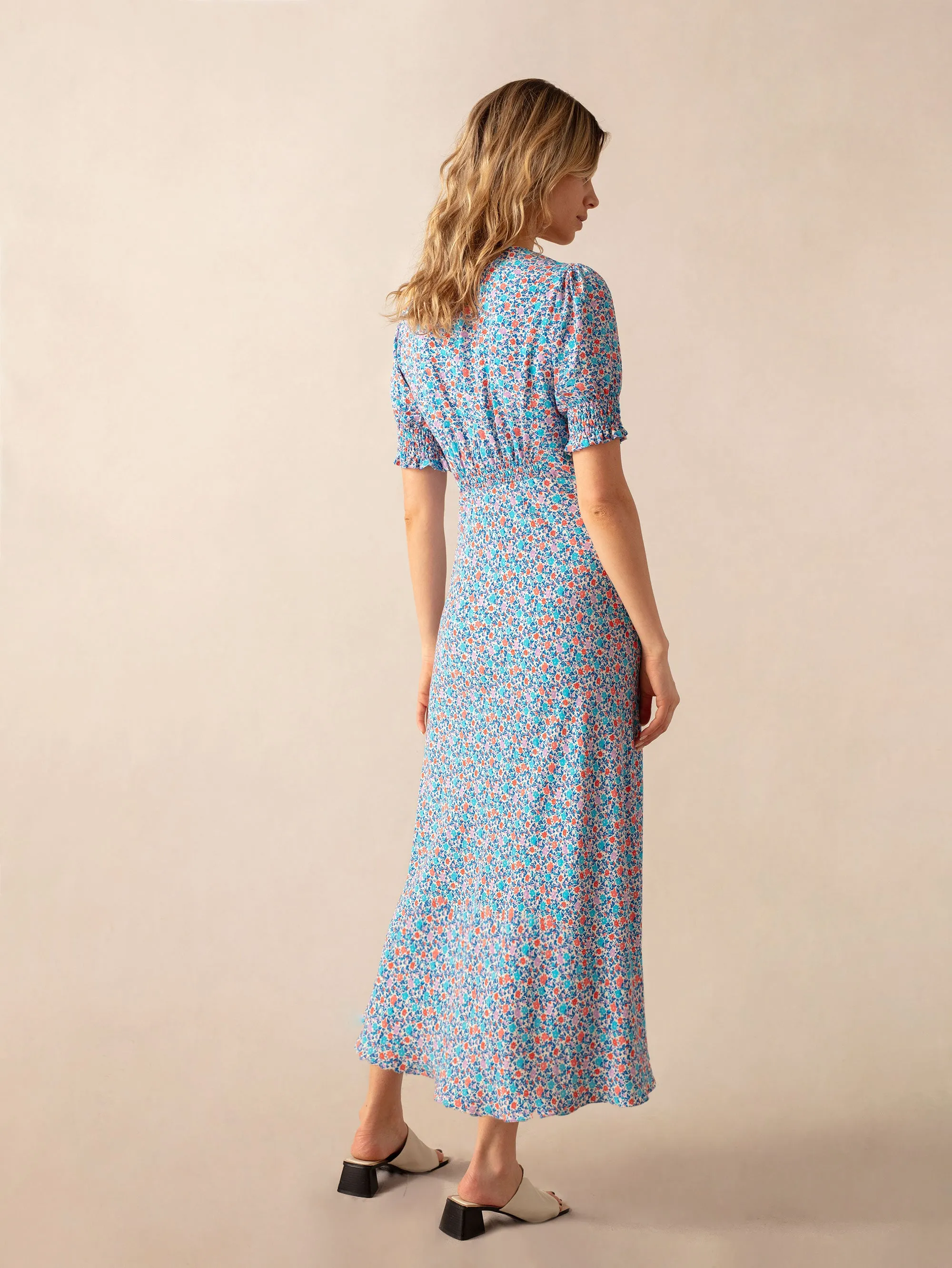 Multi Ditsy Print Shirred Cuff Midi Dress