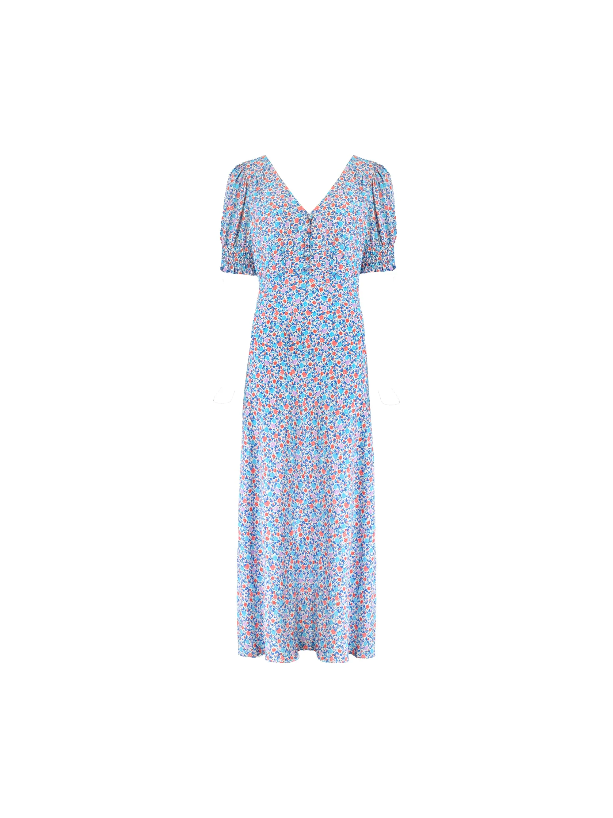 Multi Ditsy Print Shirred Cuff Midi Dress