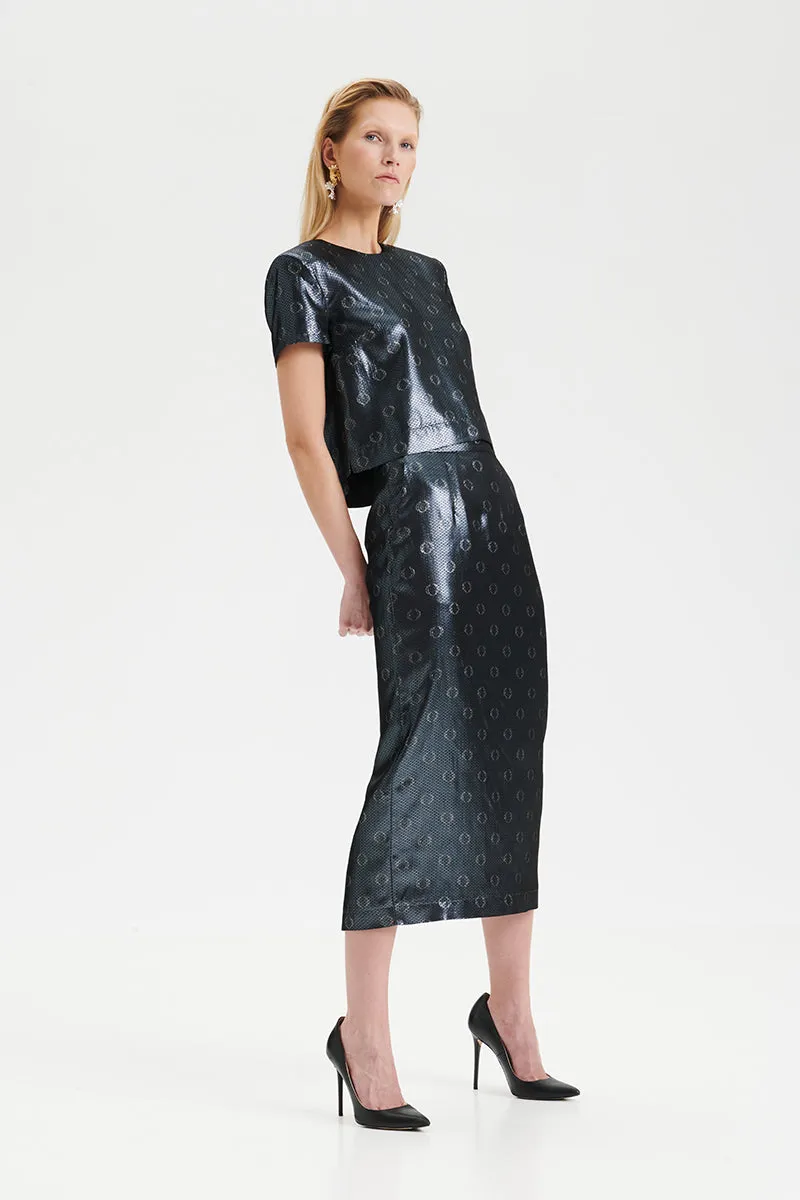 O-logo sequin jacquard skirt in steel blue