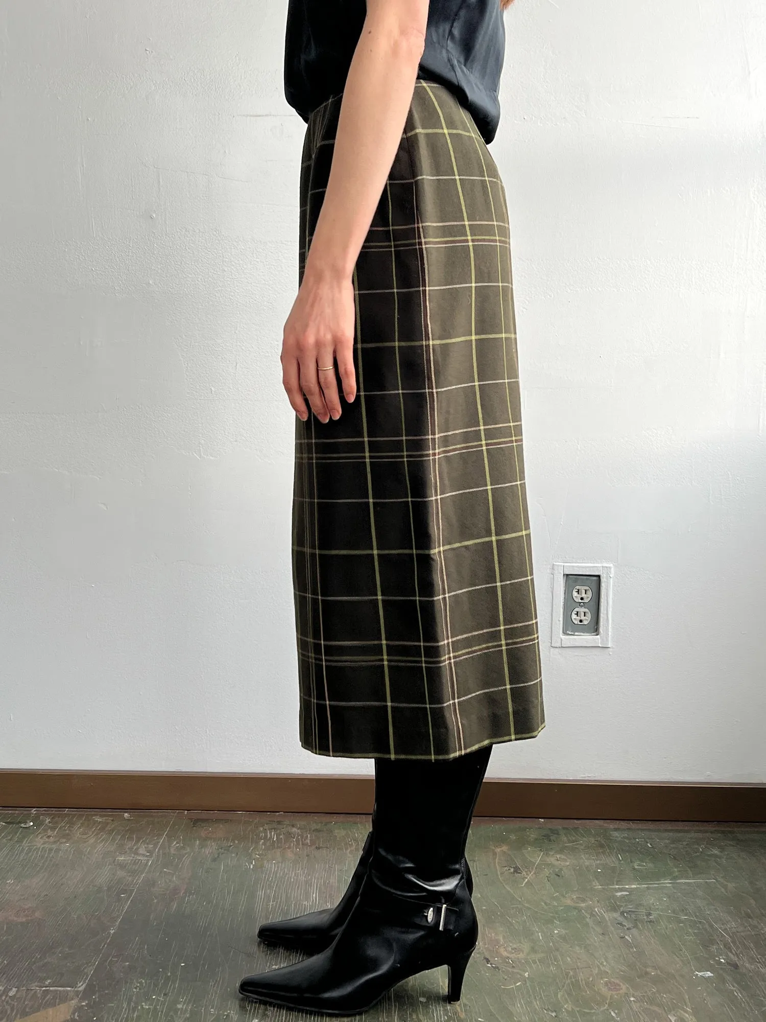 Olive Plaid Midi Skirt (M)