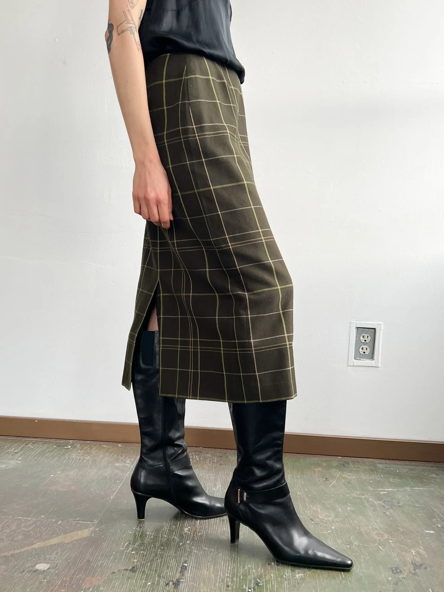 Olive Plaid Midi Skirt (M)