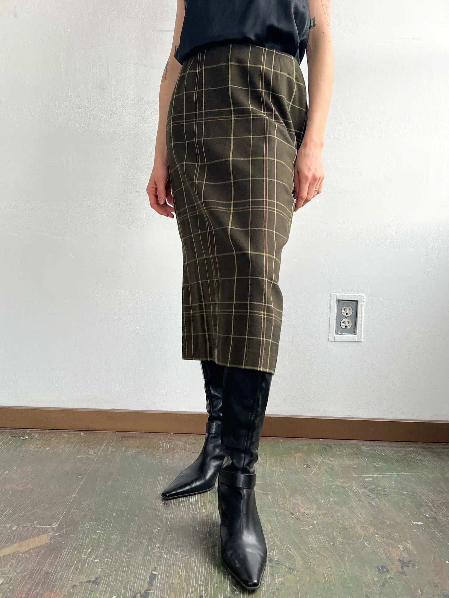 Olive Plaid Midi Skirt (M)