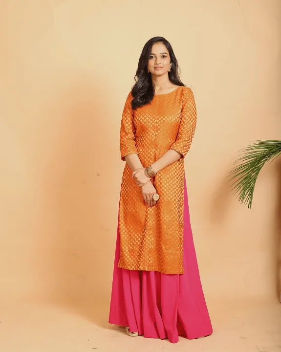 Orange Brocade Kurta With Pink Skirt - Set of 2