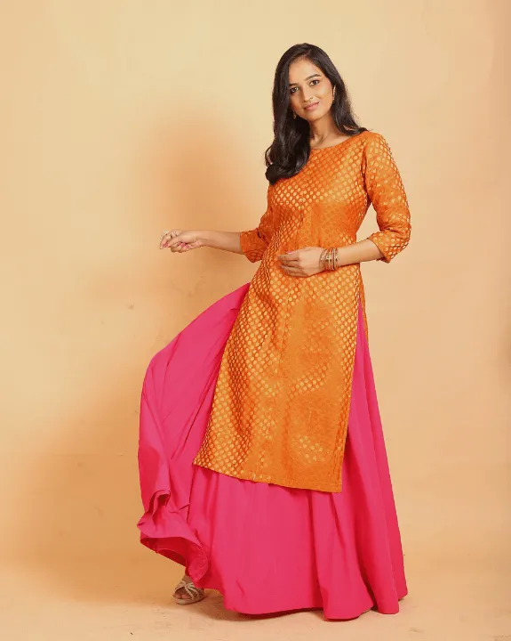 Orange Brocade Kurta With Pink Skirt - Set of 2