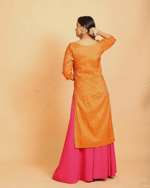 Orange Brocade Kurta With Pink Skirt - Set of 2